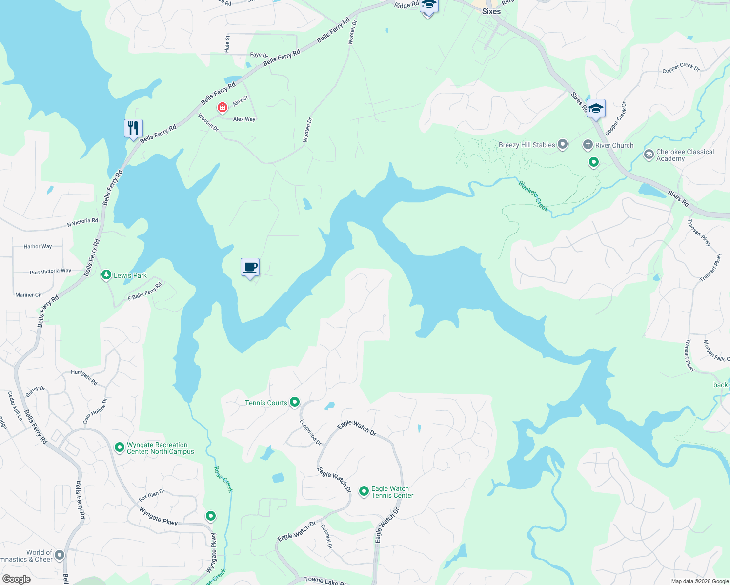 map of restaurants, bars, coffee shops, grocery stores, and more near 1081 Longwood Drive in Woodstock