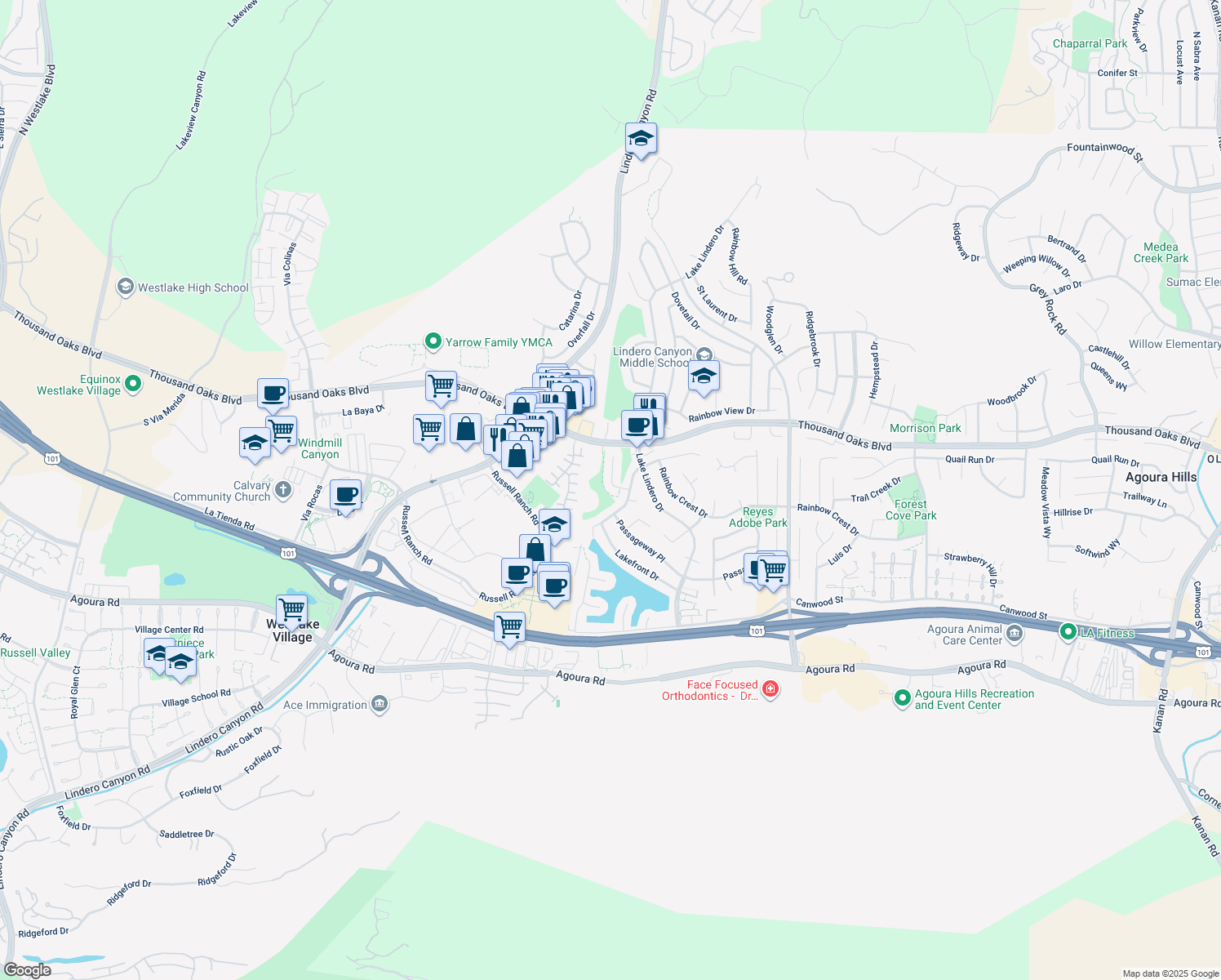 map of restaurants, bars, coffee shops, grocery stores, and more near 5625 Slicers Circle in Agoura Hills