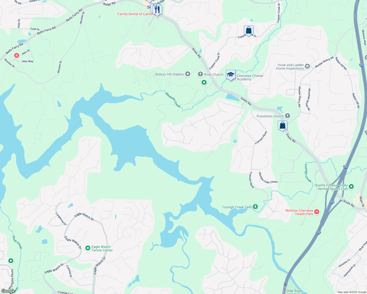 map of restaurants, bars, coffee shops, grocery stores, and more near 107 Estates At The Lake Drive in Canton