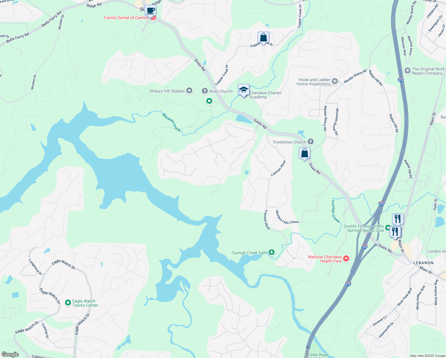map of restaurants, bars, coffee shops, grocery stores, and more near 325 William Falls Drive in Canton