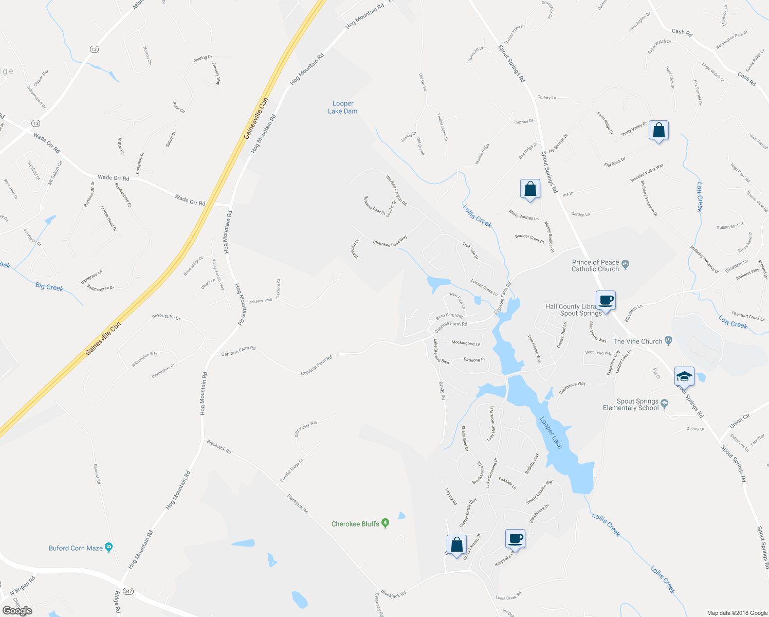map of restaurants, bars, coffee shops, grocery stores, and more near 6596 Capitola Farm Road in Flowery Branch