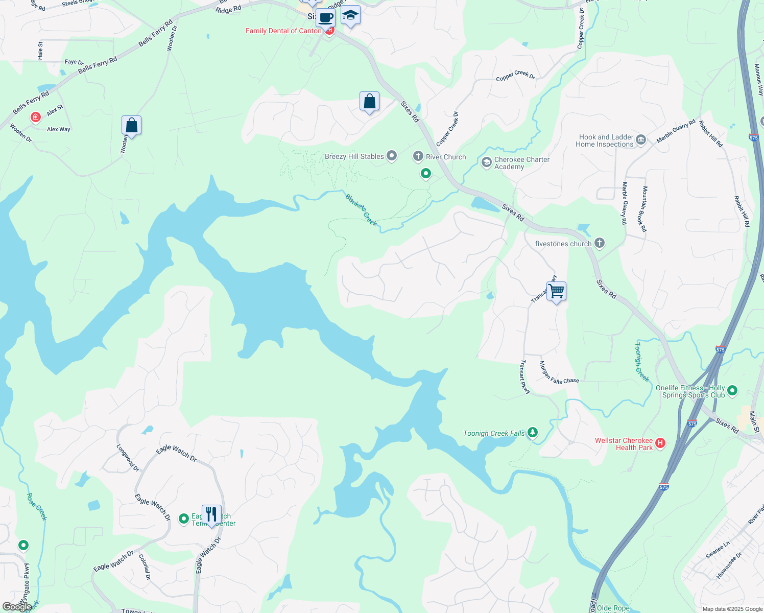 map of restaurants, bars, coffee shops, grocery stores, and more near 107 Estates At The Lake Drive in Canton