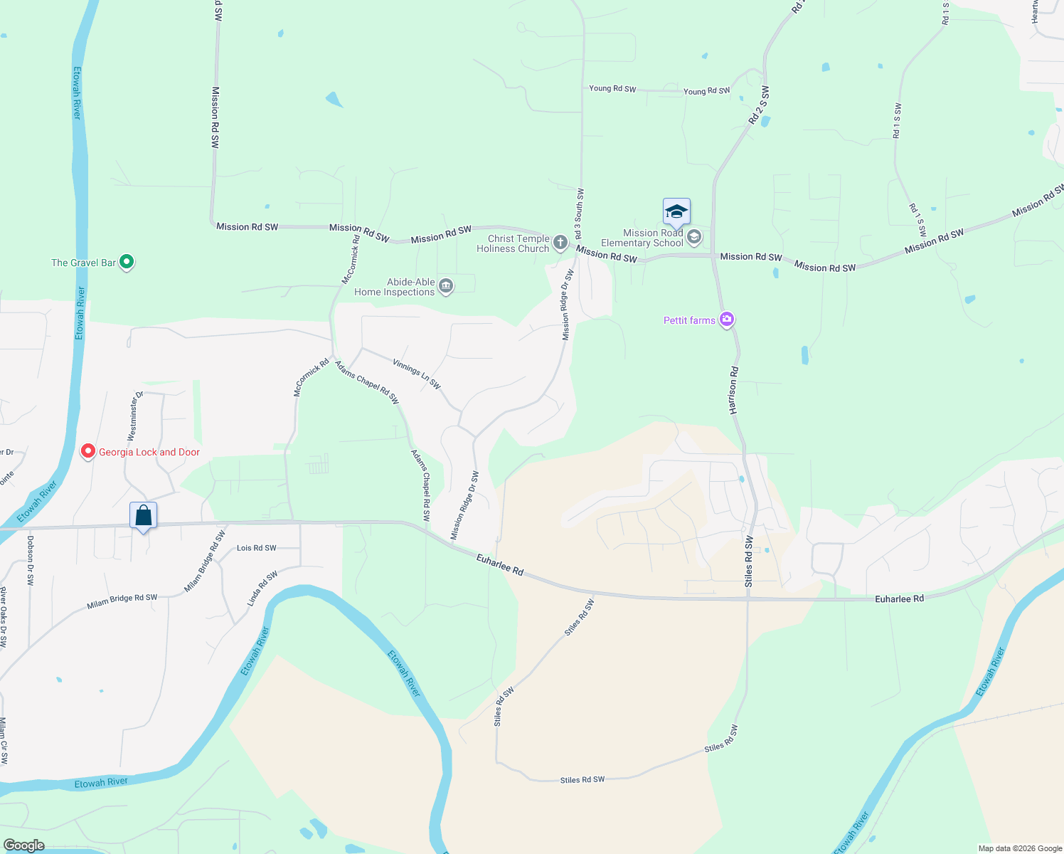 map of restaurants, bars, coffee shops, grocery stores, and more near 30 Mountain Trail Court Southwest in Cartersville