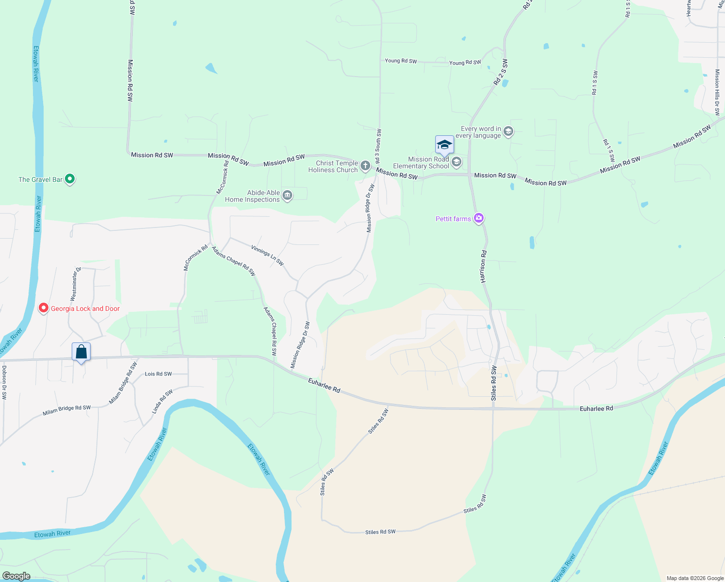 map of restaurants, bars, coffee shops, grocery stores, and more near 25 Mountain Trail Court Southwest in Cartersville