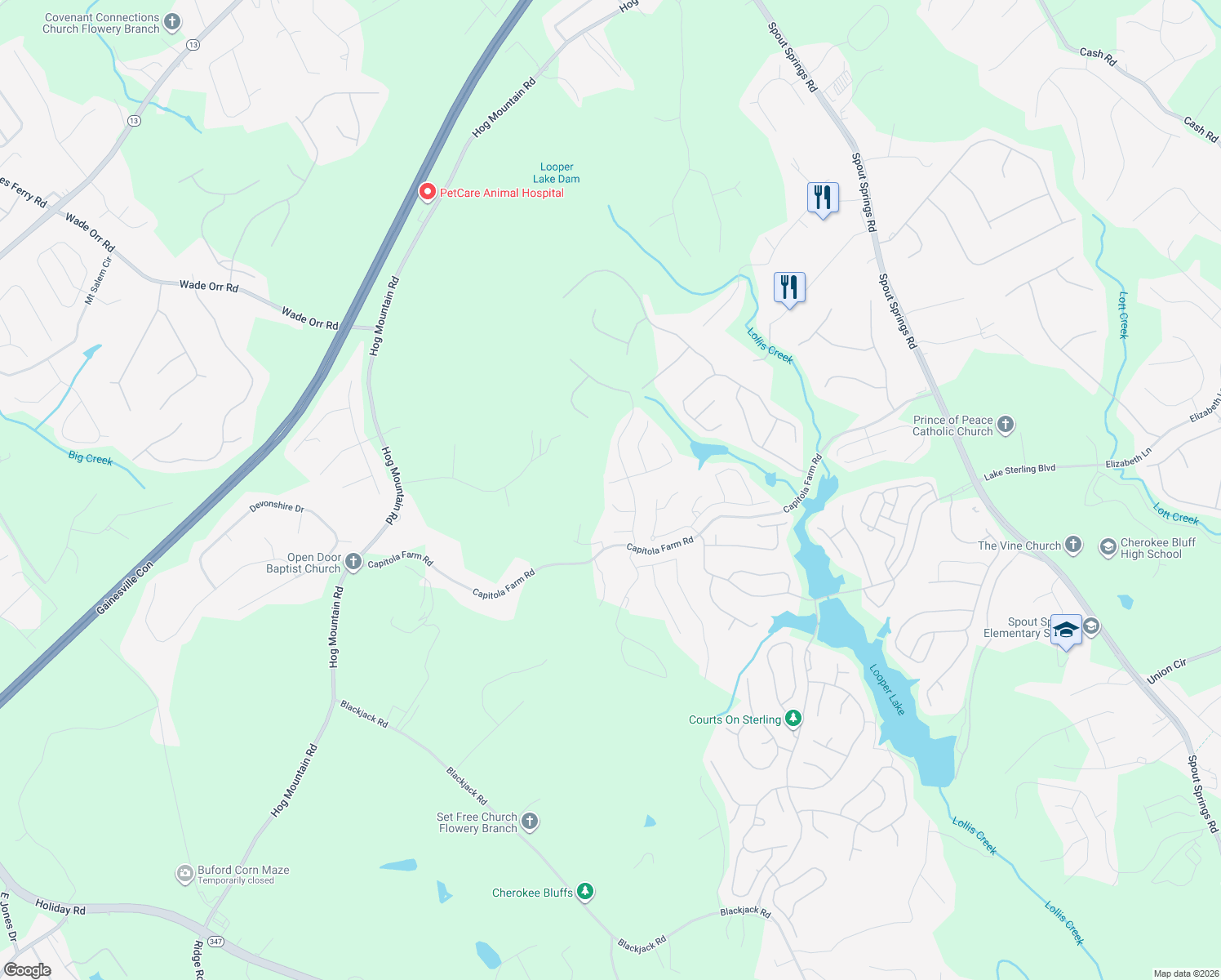 map of restaurants, bars, coffee shops, grocery stores, and more near 6596 Capitola Farm Road in Flowery Branch