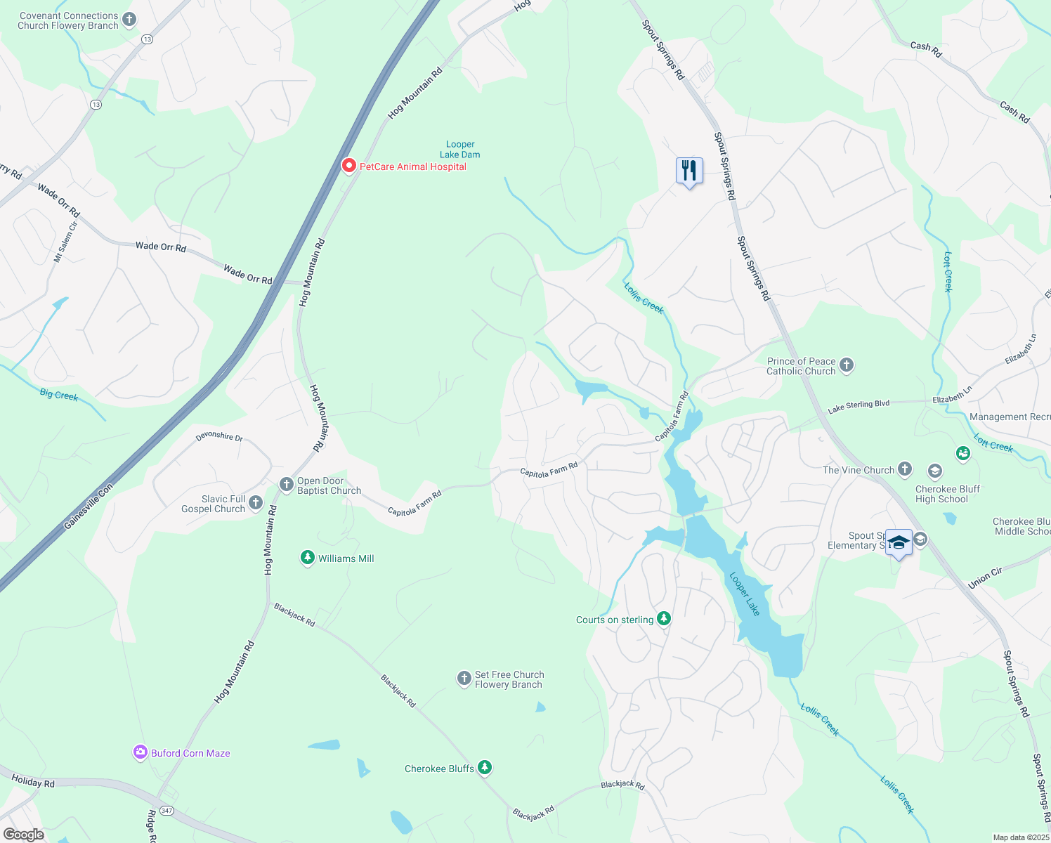 map of restaurants, bars, coffee shops, grocery stores, and more near 6826 Scarlet Oak Way in Flowery Branch