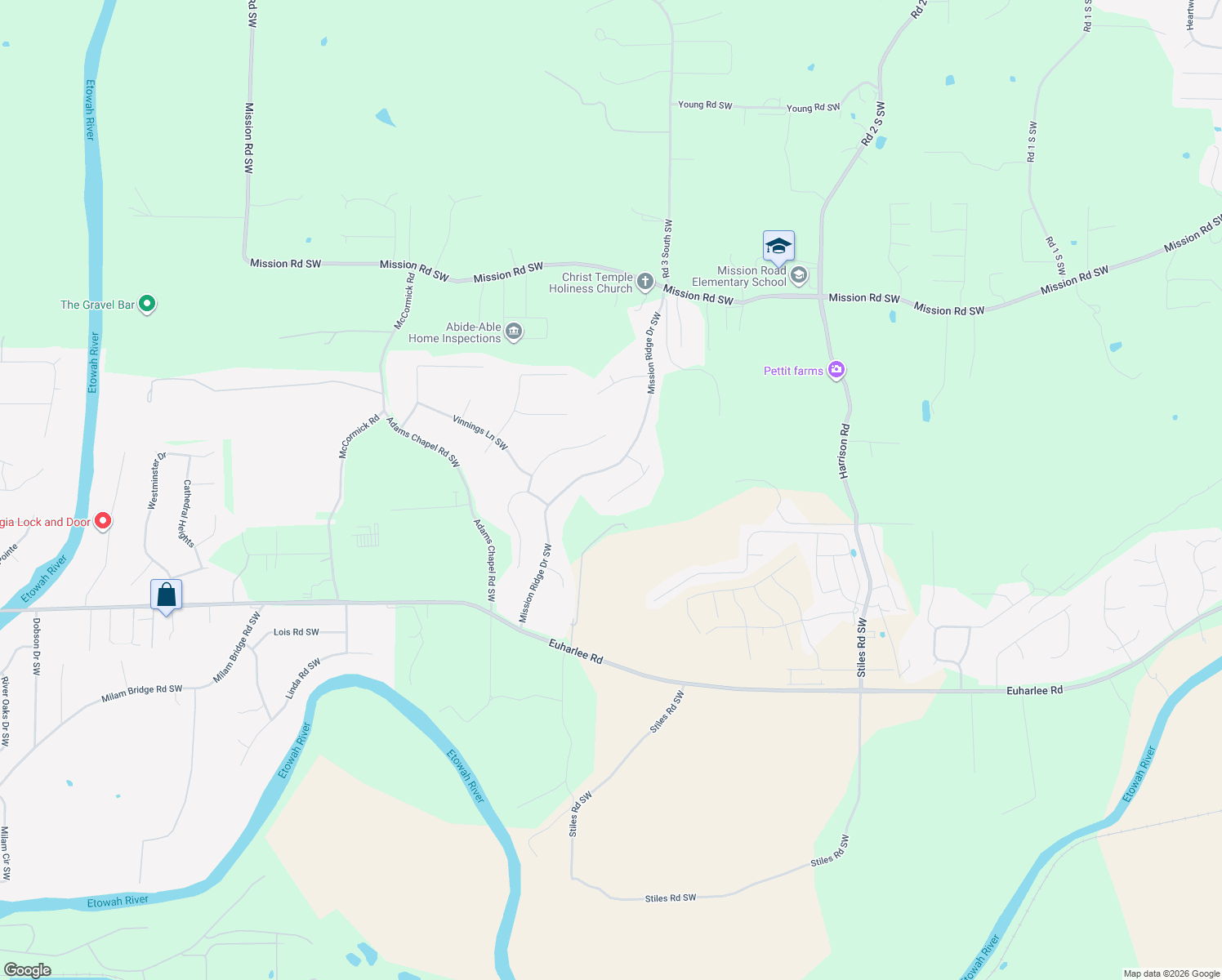 map of restaurants, bars, coffee shops, grocery stores, and more near 47 Mission Ridge Drive Southwest in Cartersville