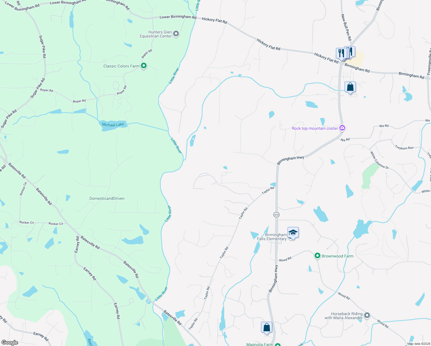 map of restaurants, bars, coffee shops, grocery stores, and more near 560 Lost River Bend in Alpharetta