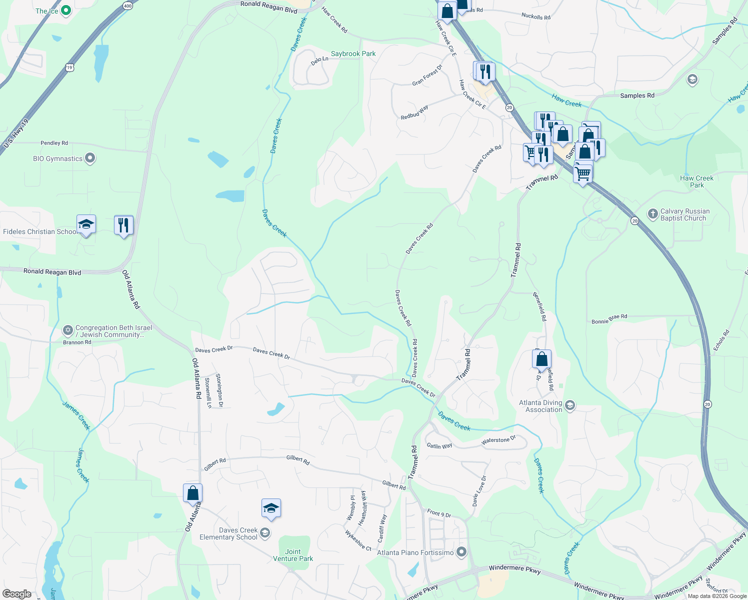 map of restaurants, bars, coffee shops, grocery stores, and more near 2170 Cascading Creek Court in Cumming