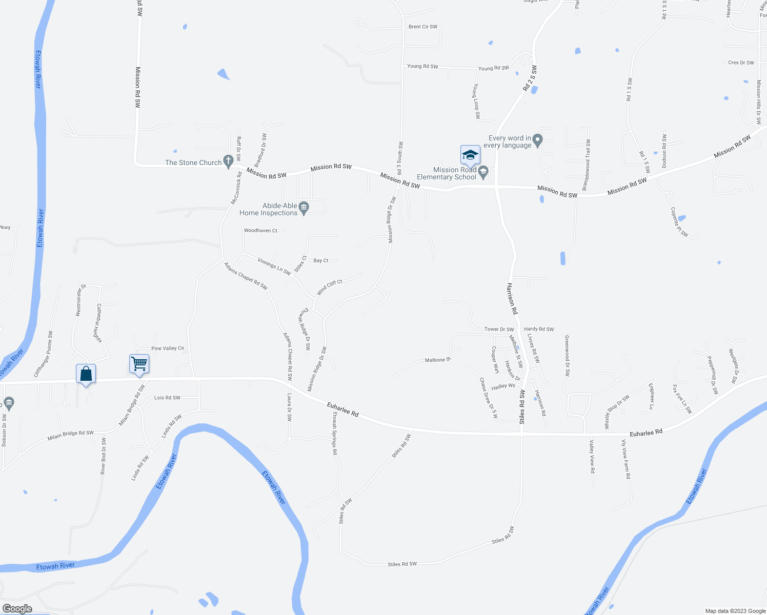 map of restaurants, bars, coffee shops, grocery stores, and more near 25 Mountain Trail Court Southwest in Cartersville