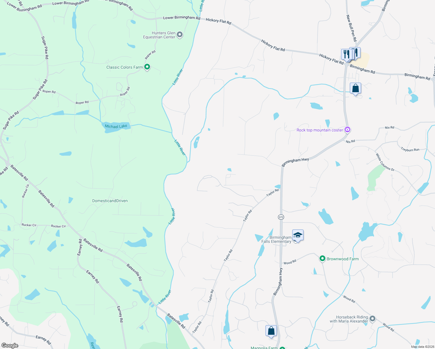 map of restaurants, bars, coffee shops, grocery stores, and more near 560 Lost River Bend in Alpharetta