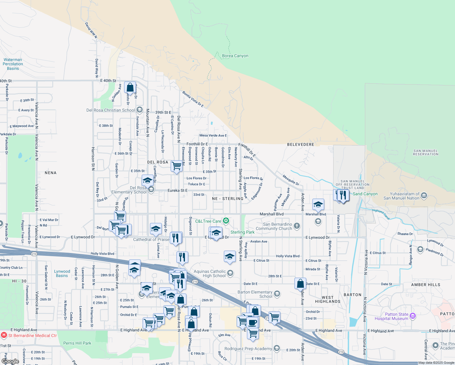 map of restaurants, bars, coffee shops, grocery stores, and more near 5550 Elm Avenue in San Bernardino
