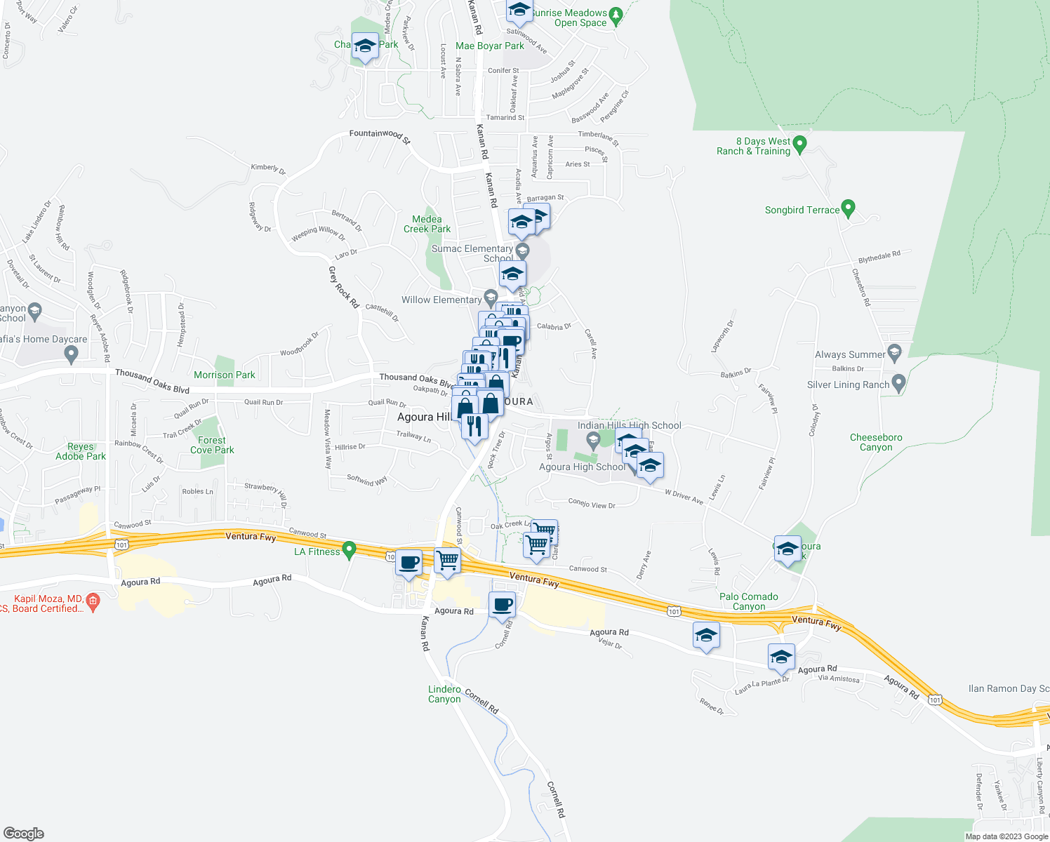map of restaurants, bars, coffee shops, grocery stores, and more near 28831 Oakpath Drive in Agoura Hills