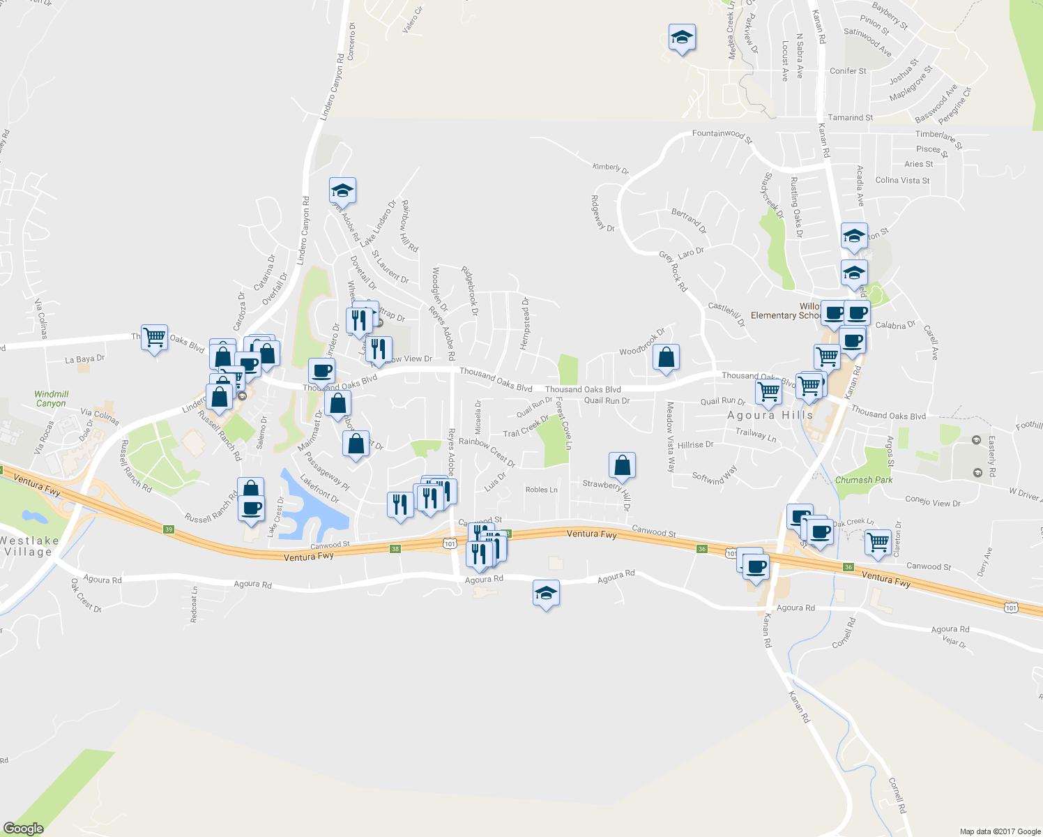 map of restaurants, bars, coffee shops, grocery stores, and more near 30024 Quail Run Drive in Agoura Hills