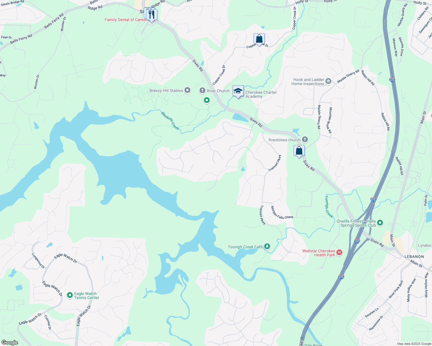map of restaurants, bars, coffee shops, grocery stores, and more near 332 William Falls Drive in Canton