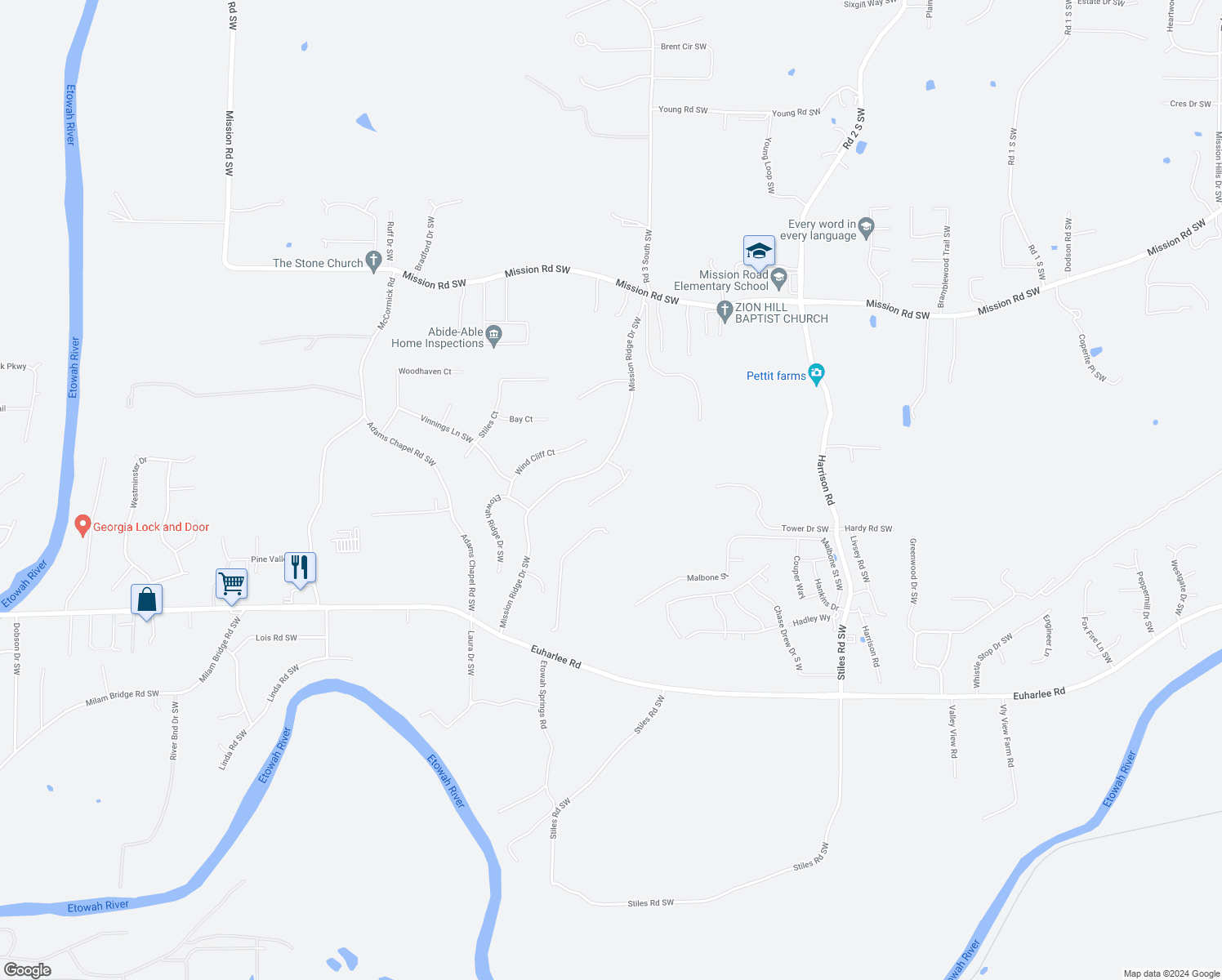 map of restaurants, bars, coffee shops, grocery stores, and more near 1 Mountain Trail Court Southwest in Cartersville