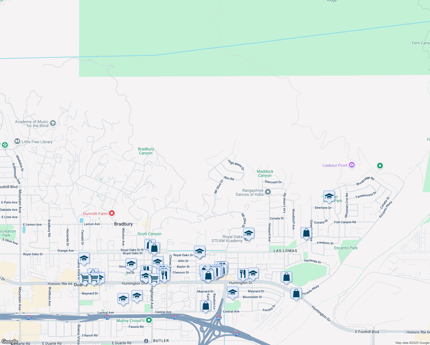 map of restaurants, bars, coffee shops, grocery stores, and more near 2212 Rim Road in Bradbury