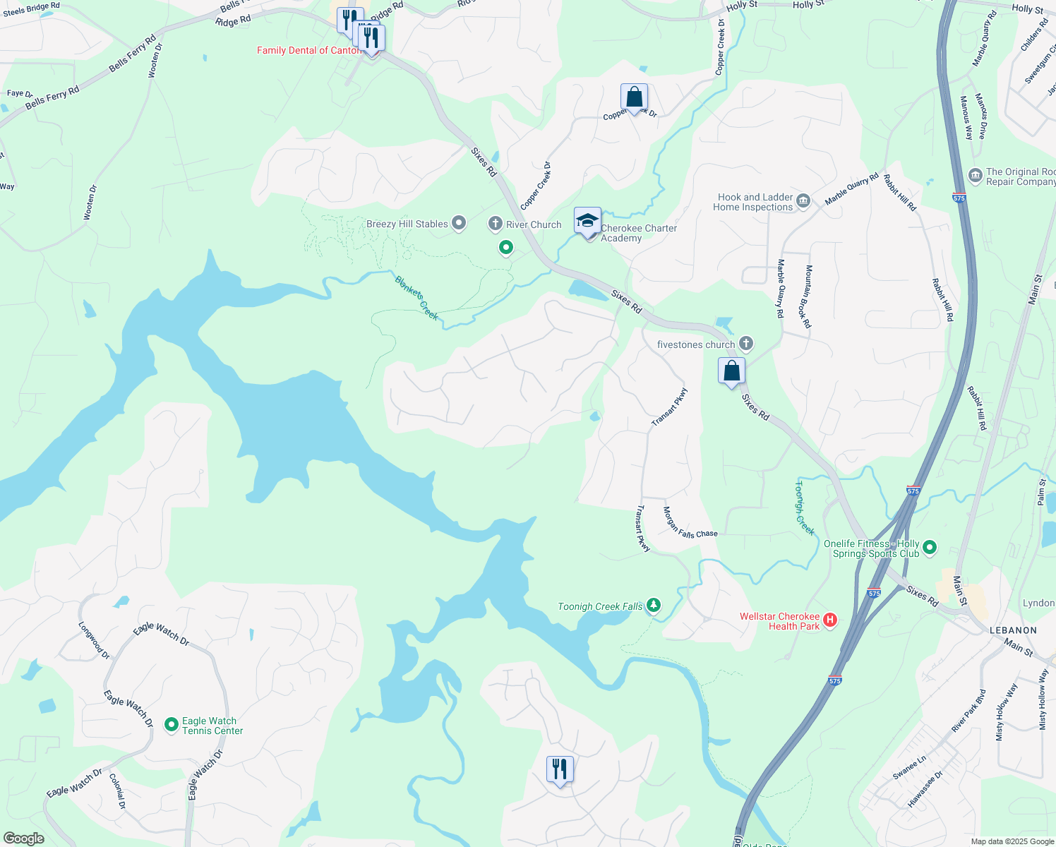 map of restaurants, bars, coffee shops, grocery stores, and more near 332 William Falls Drive in Canton