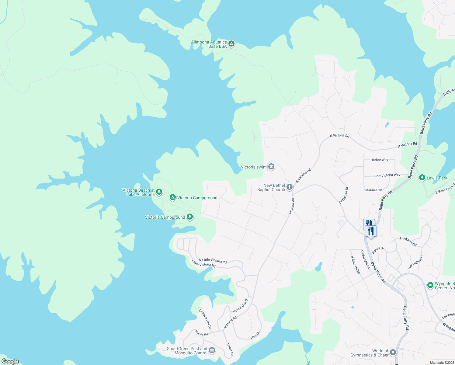 map of restaurants, bars, coffee shops, grocery stores, and more near 412 Lovinggood Landing Drive in Woodstock