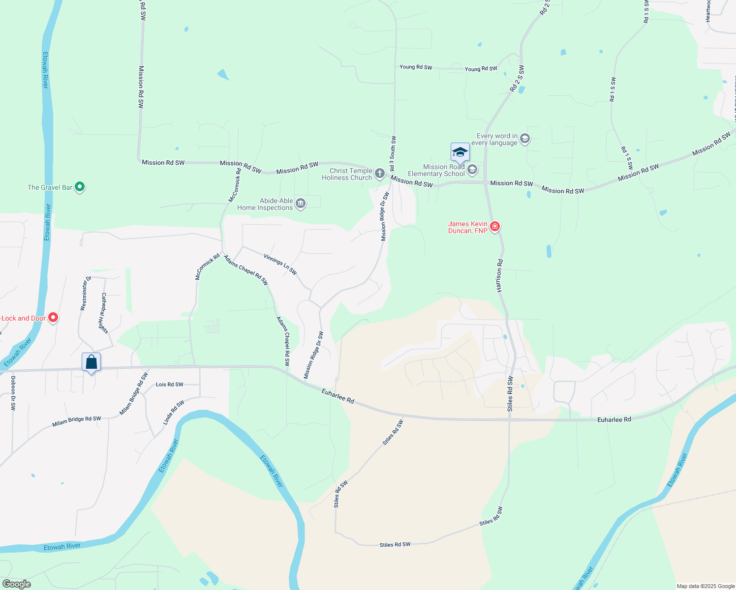 map of restaurants, bars, coffee shops, grocery stores, and more near 26 Mountain Trail Court Southwest in Cartersville