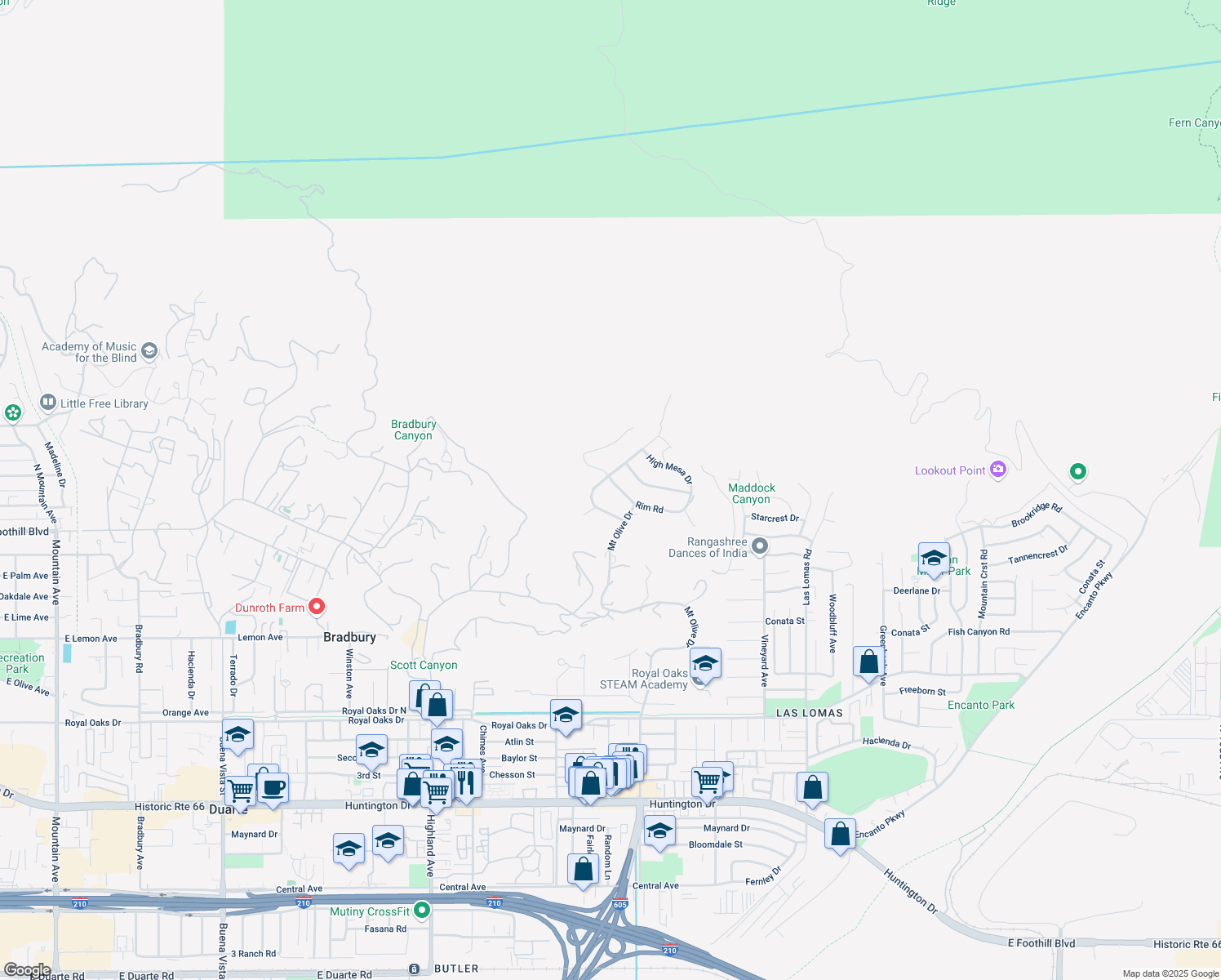 map of restaurants, bars, coffee shops, grocery stores, and more near 2212 Rim Road in Bradbury