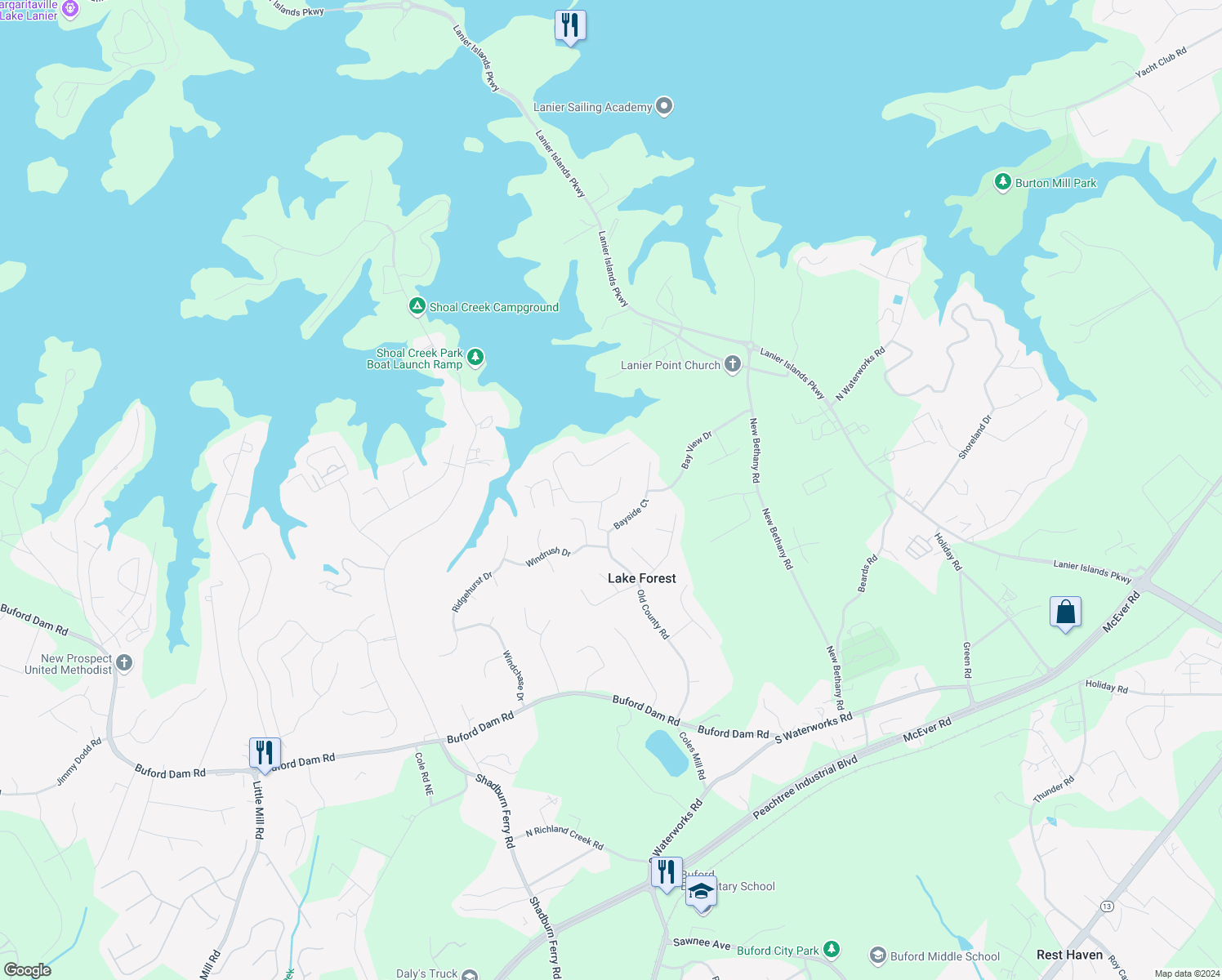 map of restaurants, bars, coffee shops, grocery stores, and more near 5807 County Court in Buford