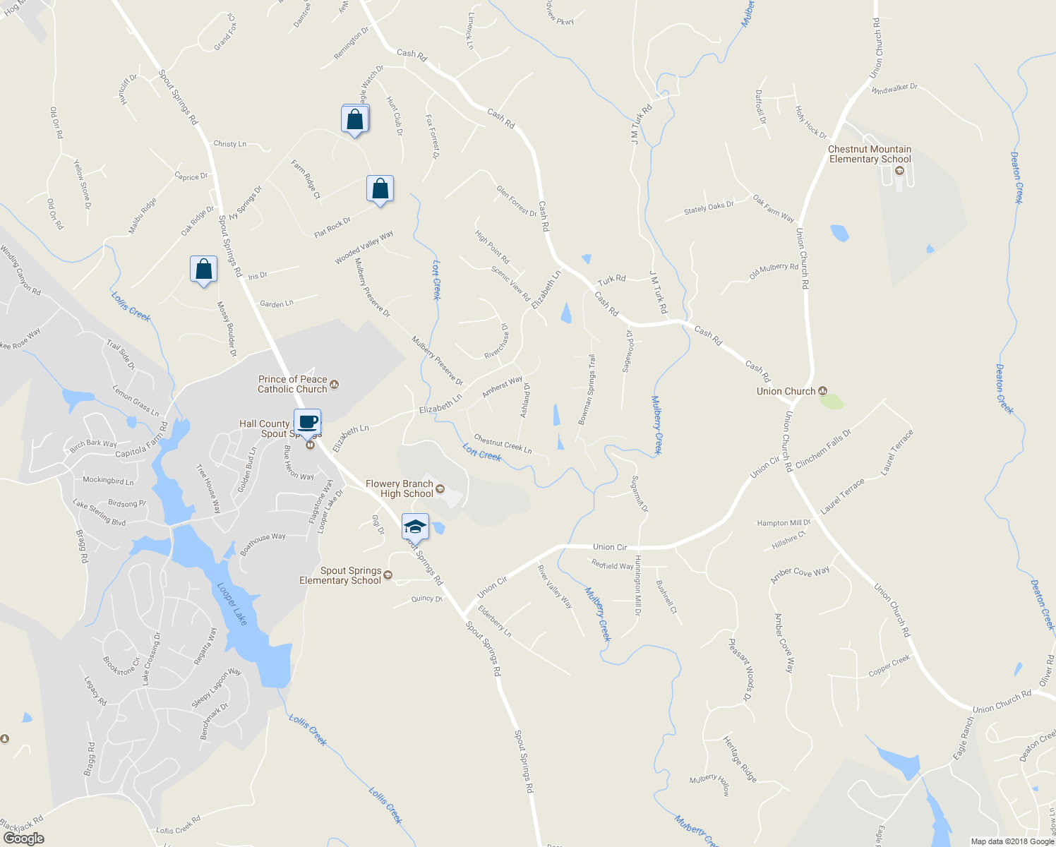 map of restaurants, bars, coffee shops, grocery stores, and more near 5343 Ashland Drive in Flowery Branch