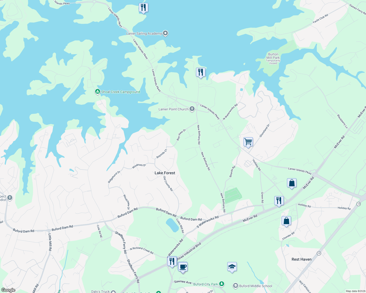 map of restaurants, bars, coffee shops, grocery stores, and more near 6234 Cascade Falls Dr in Buford