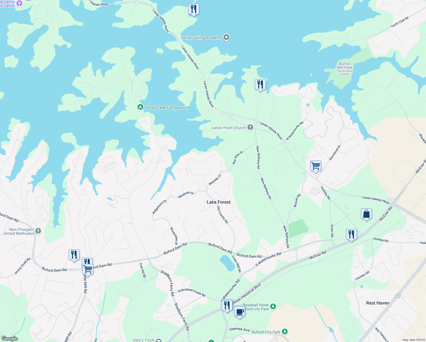 map of restaurants, bars, coffee shops, grocery stores, and more near 5812 County Court in Buford