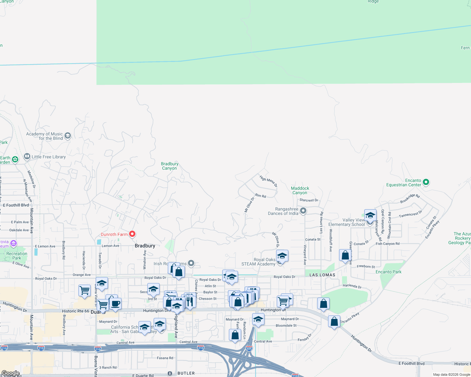 map of restaurants, bars, coffee shops, grocery stores, and more near 201 Spinks Canyon Road in Bradbury