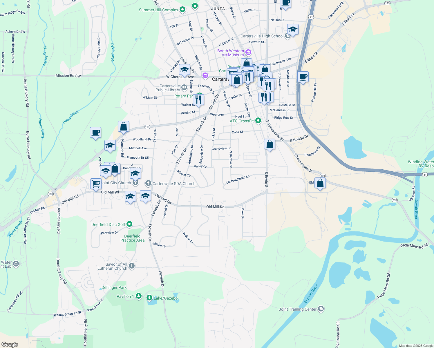 map of restaurants, bars, coffee shops, grocery stores, and more near 6 Allison Circle in Cartersville