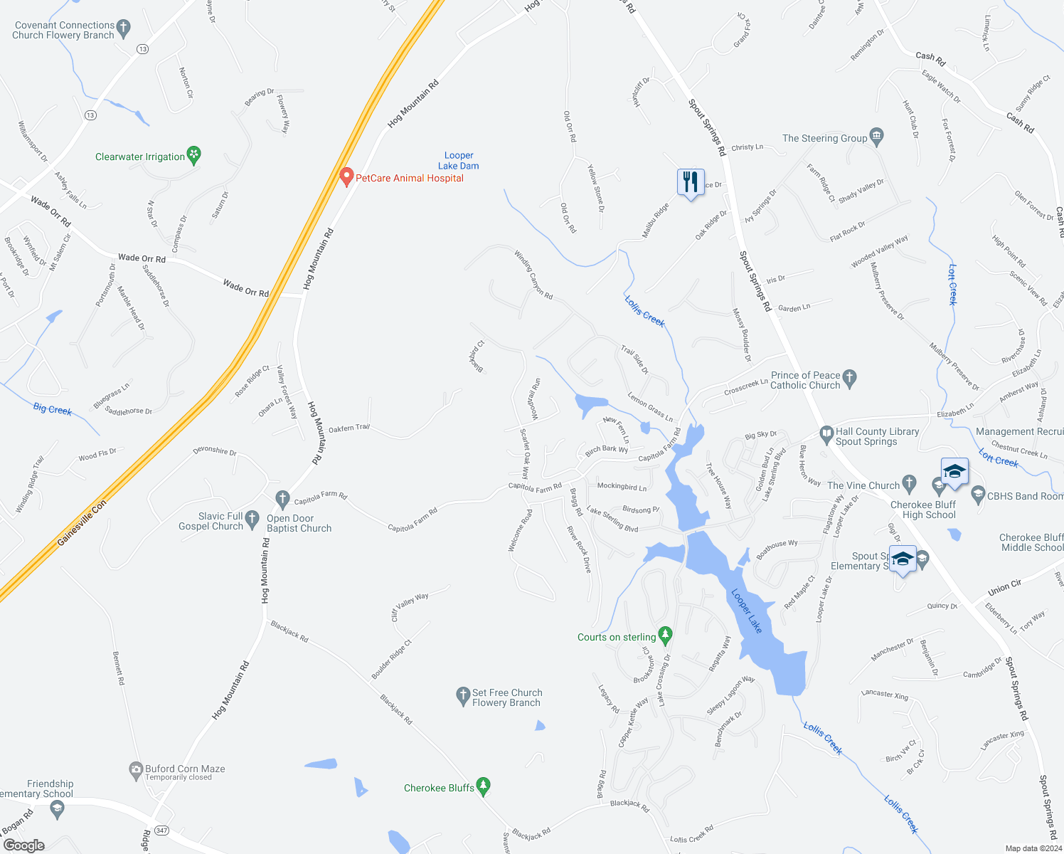 map of restaurants, bars, coffee shops, grocery stores, and more near 6808 Lake Overlook Lane in Flowery Branch