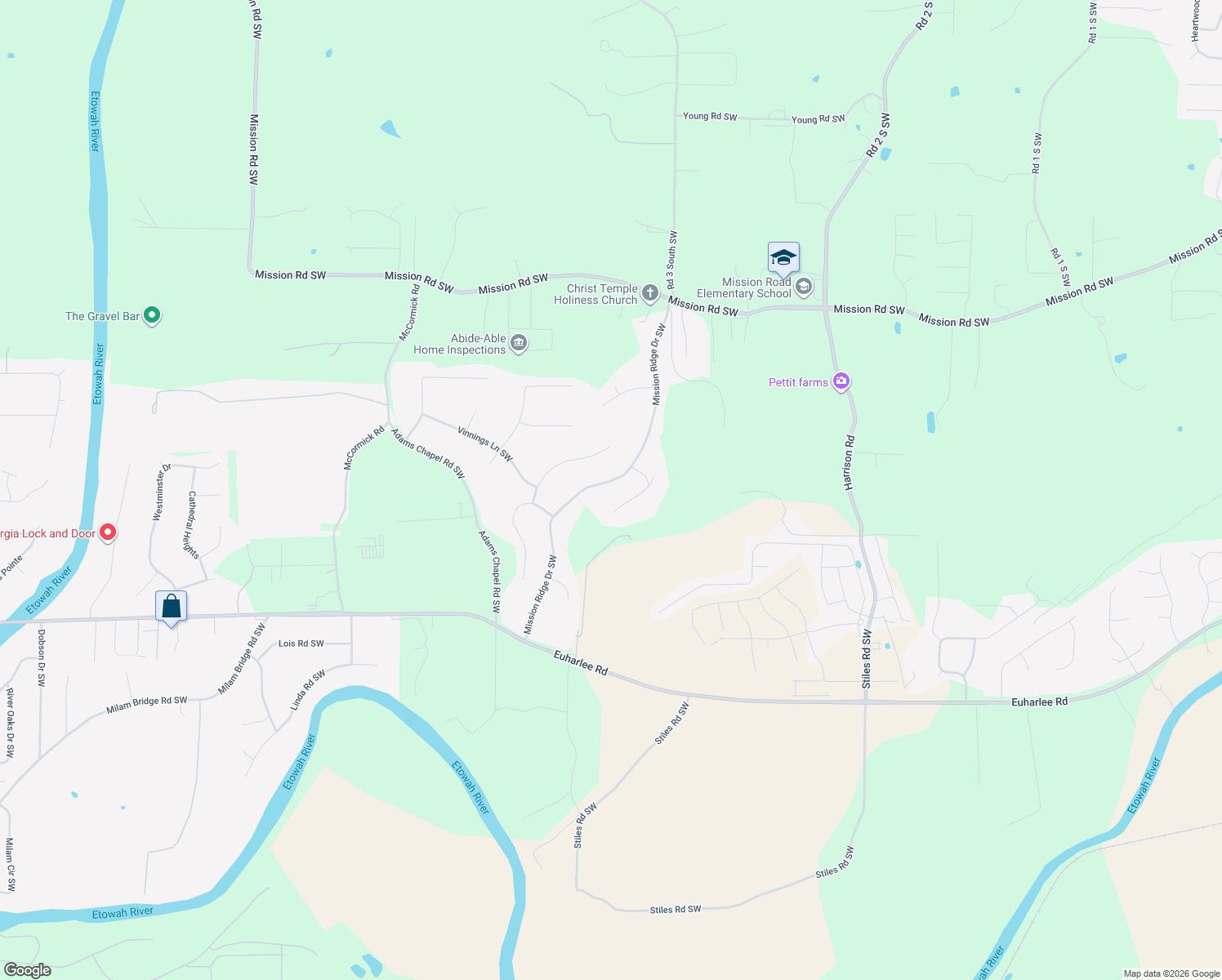 map of restaurants, bars, coffee shops, grocery stores, and more near 47 Mission Ridge Drive Southwest in Cartersville