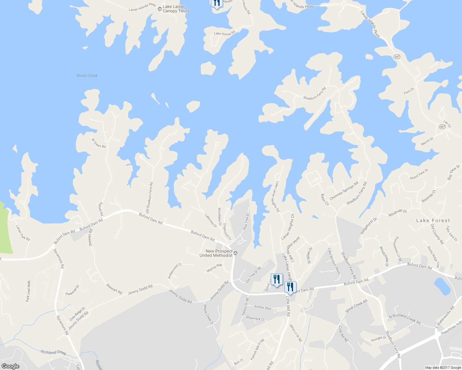 map of restaurants, bars, coffee shops, grocery stores, and more near 6243 Woodlake Dr in Buford