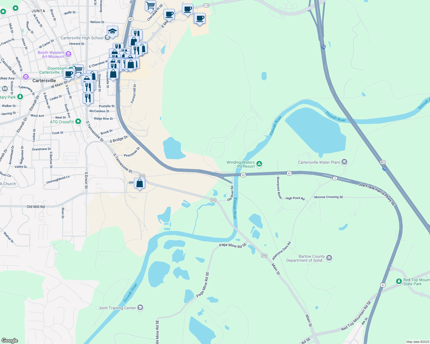 map of restaurants, bars, coffee shops, grocery stores, and more near Joe Frank Harris Parkway in Cartersville