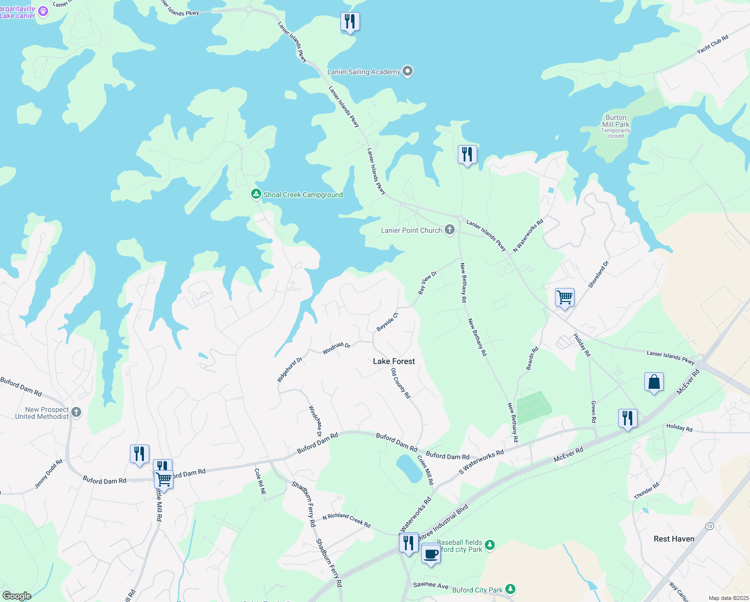 map of restaurants, bars, coffee shops, grocery stores, and more near 5812 County Court in Buford