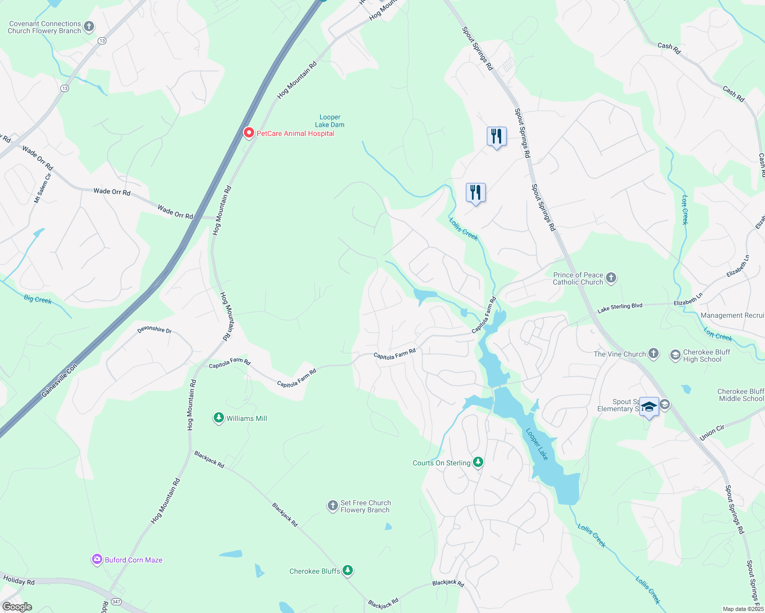 map of restaurants, bars, coffee shops, grocery stores, and more near 6903 Woodtrail Run in Flowery Branch