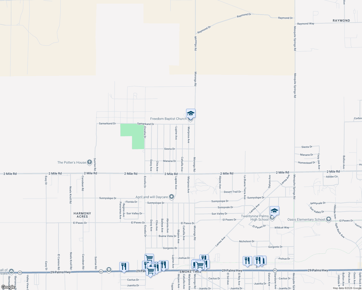 map of restaurants, bars, coffee shops, grocery stores, and more near 5474 Cahuilla Avenue in Twentynine Palms