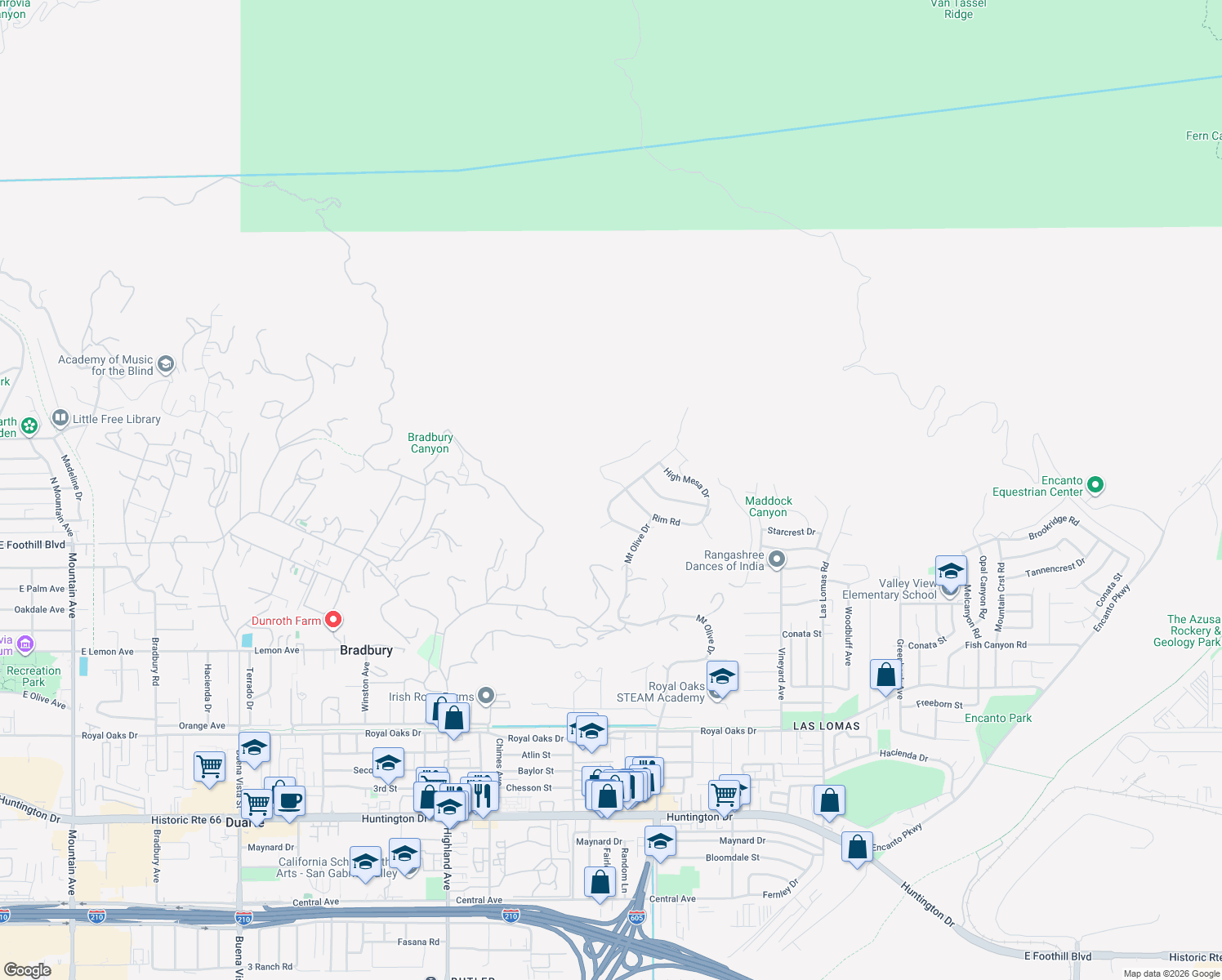 map of restaurants, bars, coffee shops, grocery stores, and more near 201 Spinks Canyon Road in Bradbury