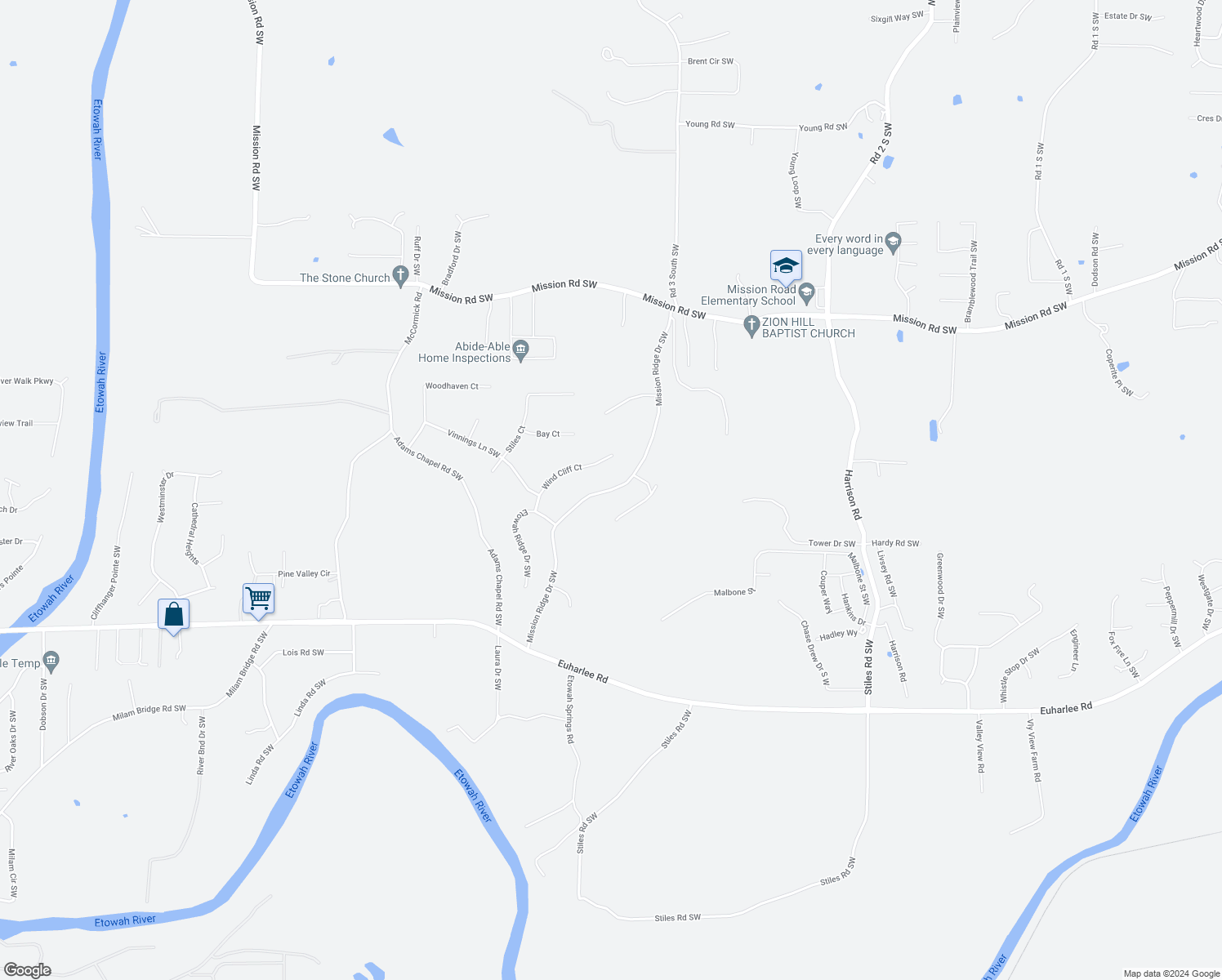 map of restaurants, bars, coffee shops, grocery stores, and more near 39 Mission Ridge Drive Southwest in Cartersville