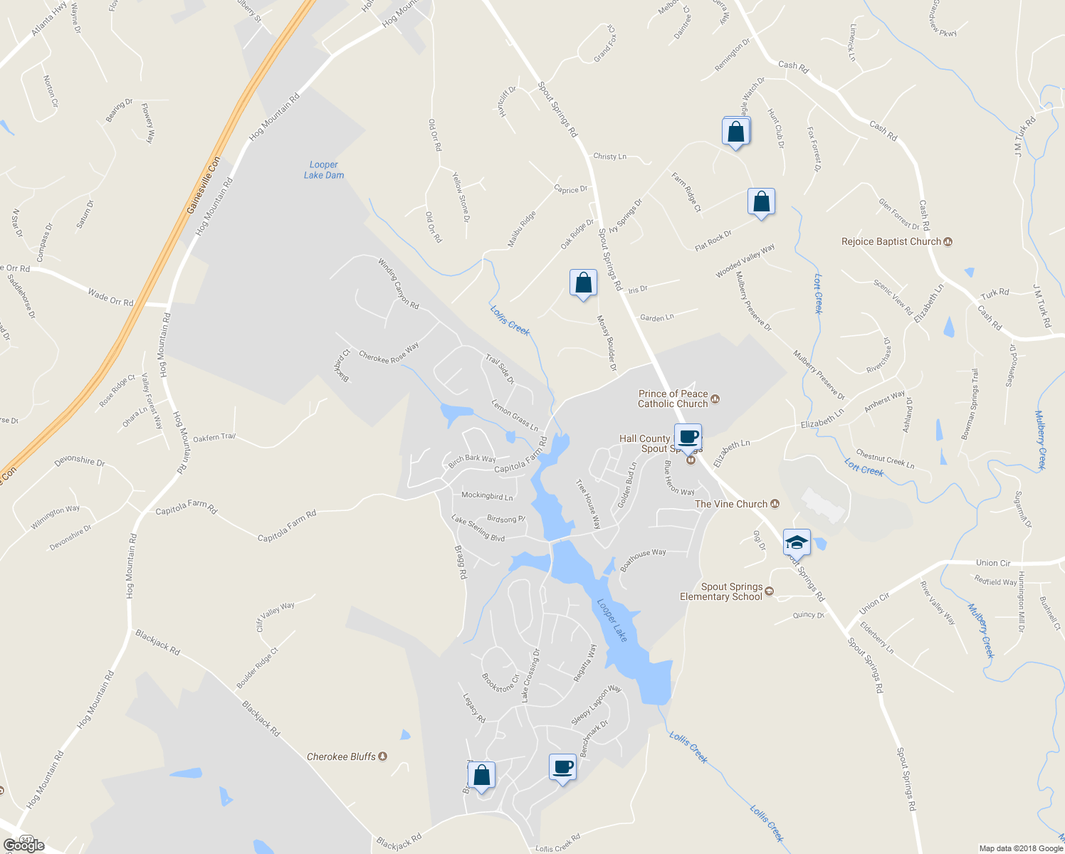 map of restaurants, bars, coffee shops, grocery stores, and more near 6511 Lemon Grass Lane in Flowery Branch