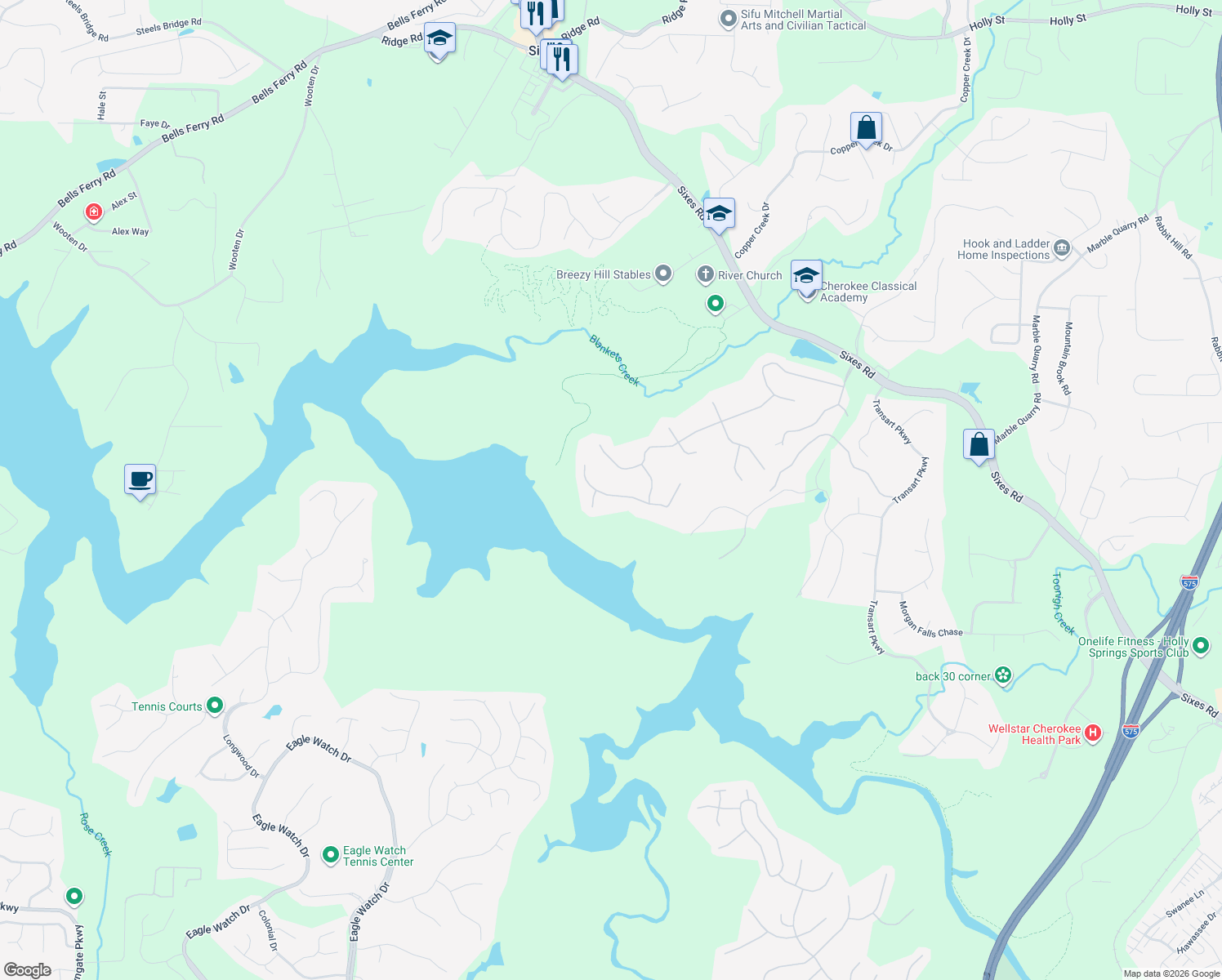 map of restaurants, bars, coffee shops, grocery stores, and more near 114 Estates At The Lake Drive in Canton