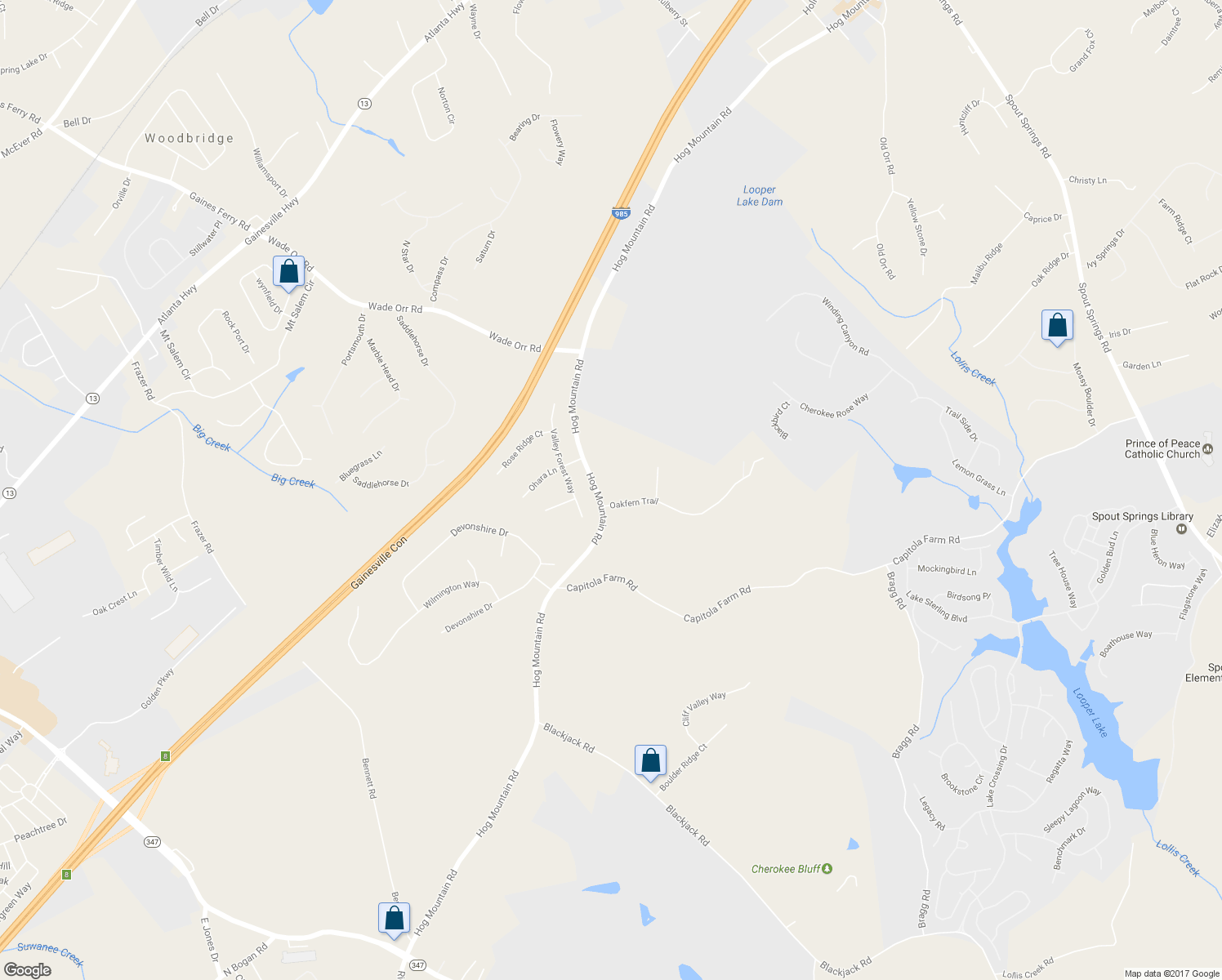 map of restaurants, bars, coffee shops, grocery stores, and more near 5421 Hog Mountain Road in Flowery Branch