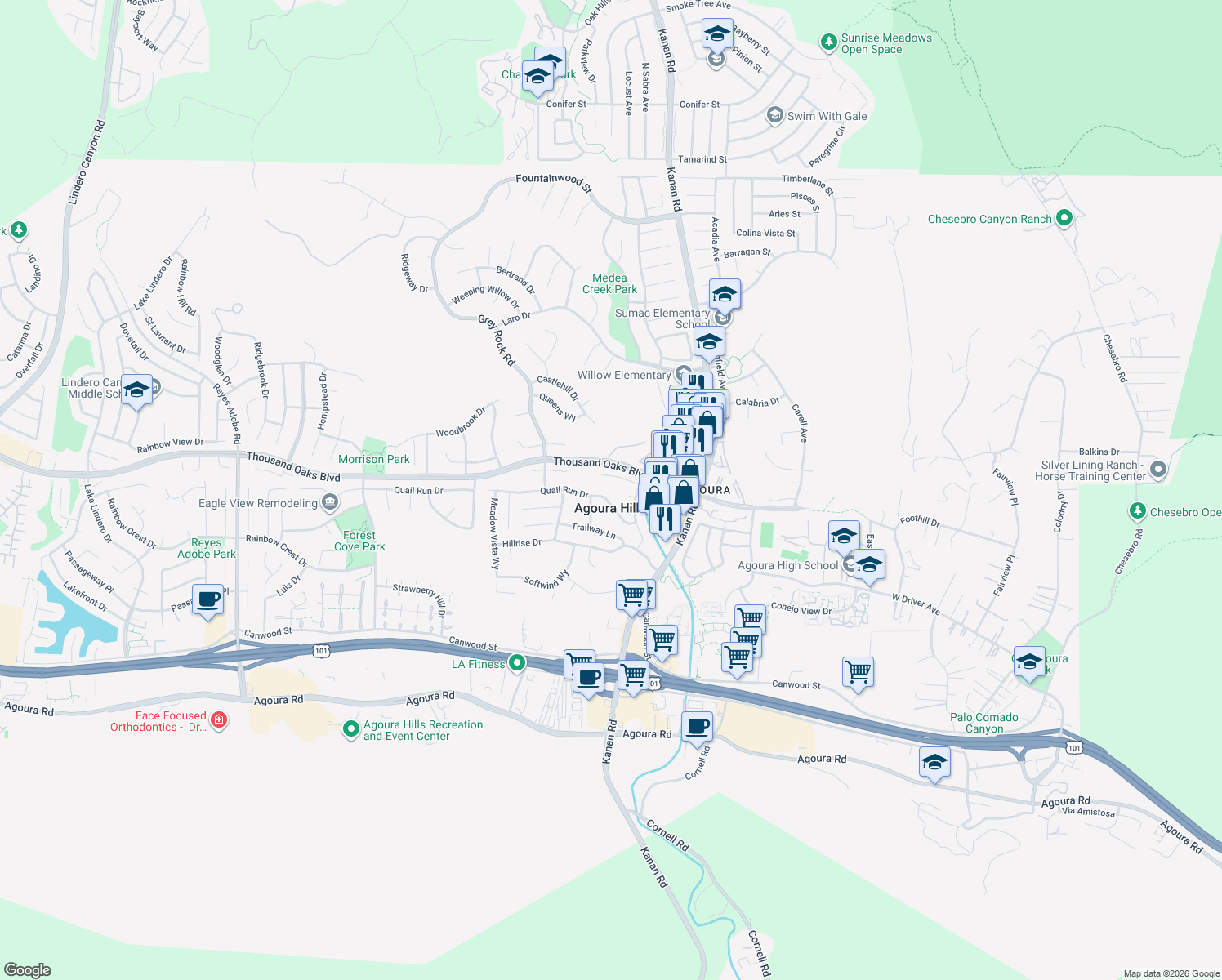 map of restaurants, bars, coffee shops, grocery stores, and more near 29185 Quail Run Drive in Agoura Hills