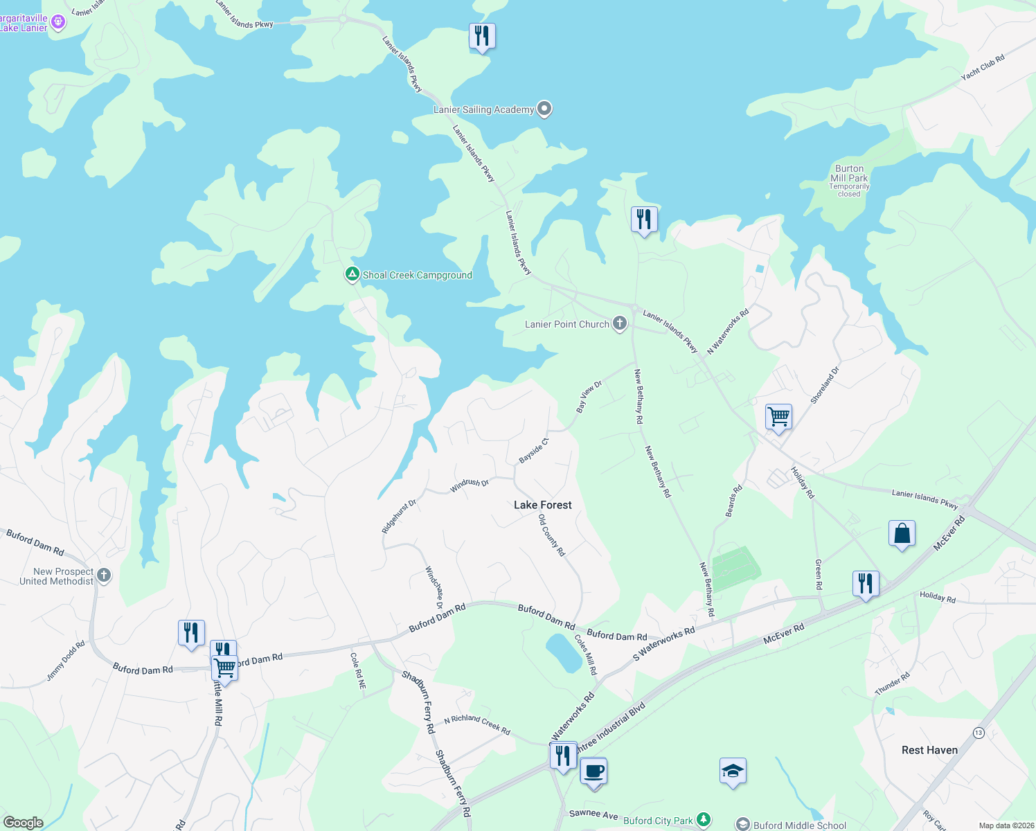 map of restaurants, bars, coffee shops, grocery stores, and more near 5815 County Court in Buford