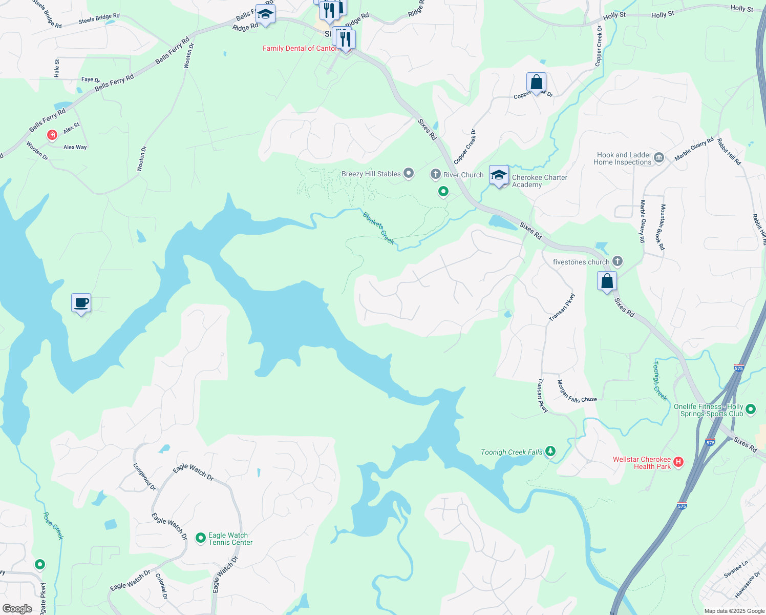 map of restaurants, bars, coffee shops, grocery stores, and more near 112 Estates At The Lake Drive in Canton