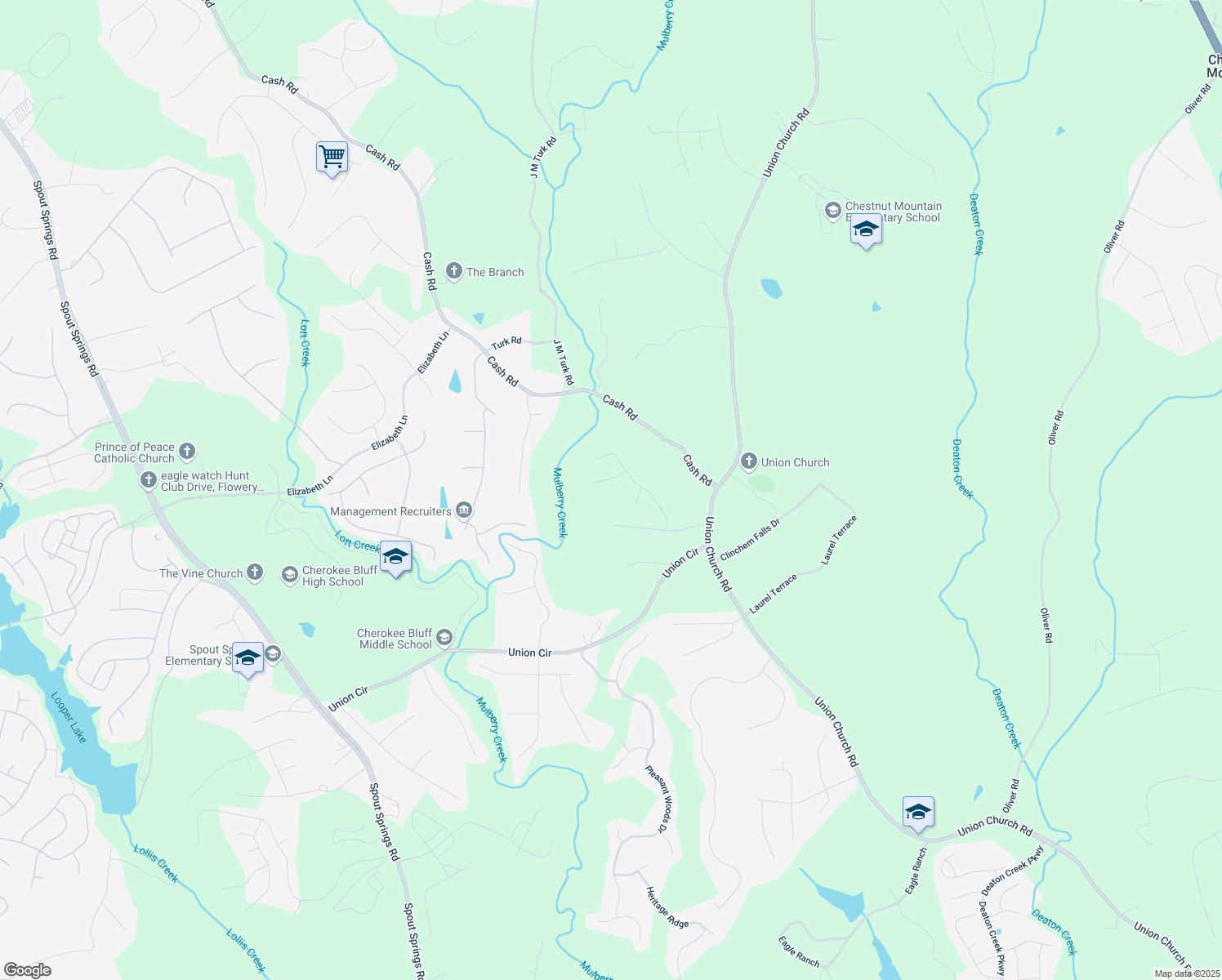 map of restaurants, bars, coffee shops, grocery stores, and more near 5166 Union Church Road in Flowery Branch