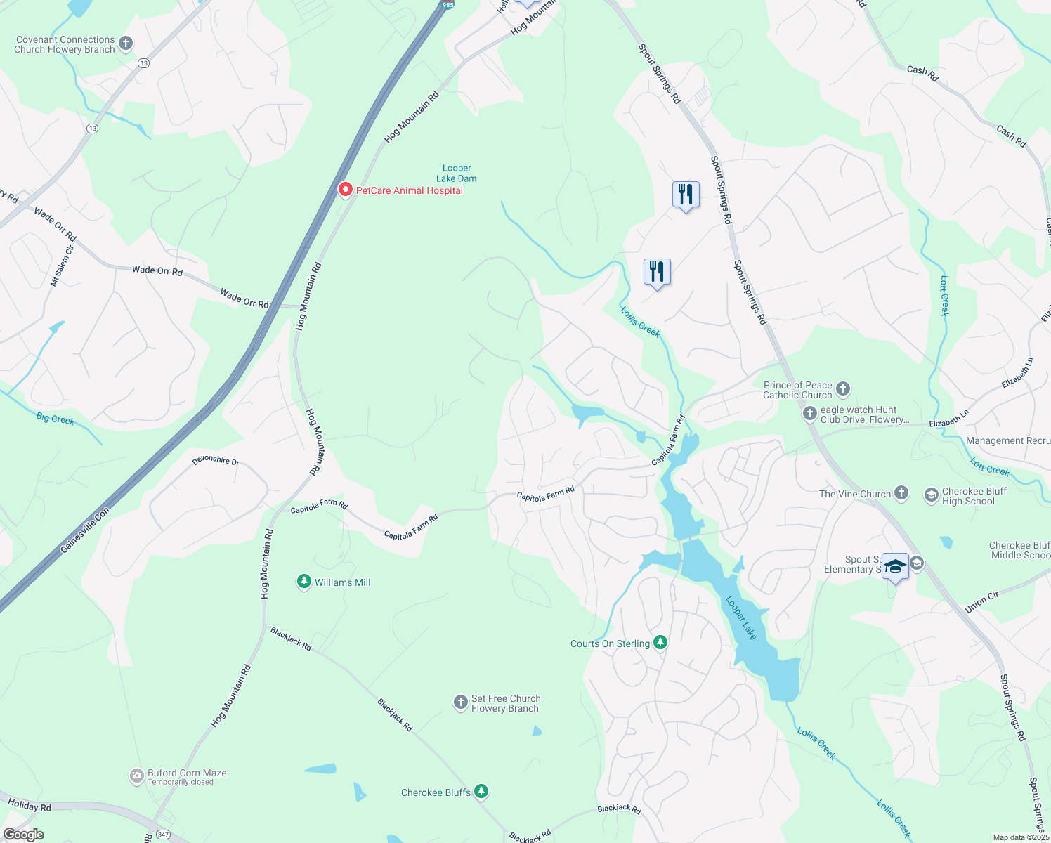 map of restaurants, bars, coffee shops, grocery stores, and more near 6596 Capitola Farm Road in Flowery Branch