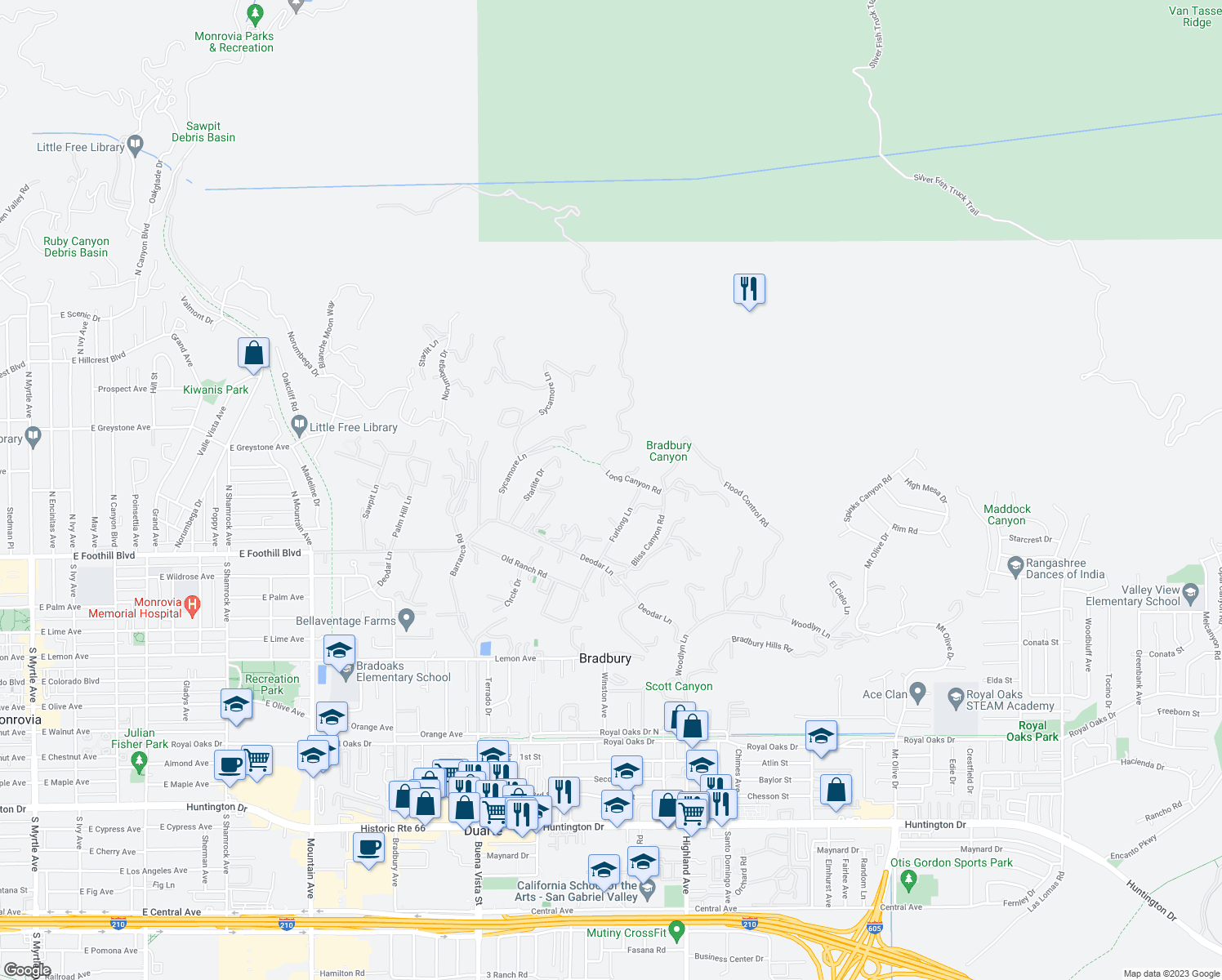map of restaurants, bars, coffee shops, grocery stores, and more near 424 Long Canyon Road in Bradbury