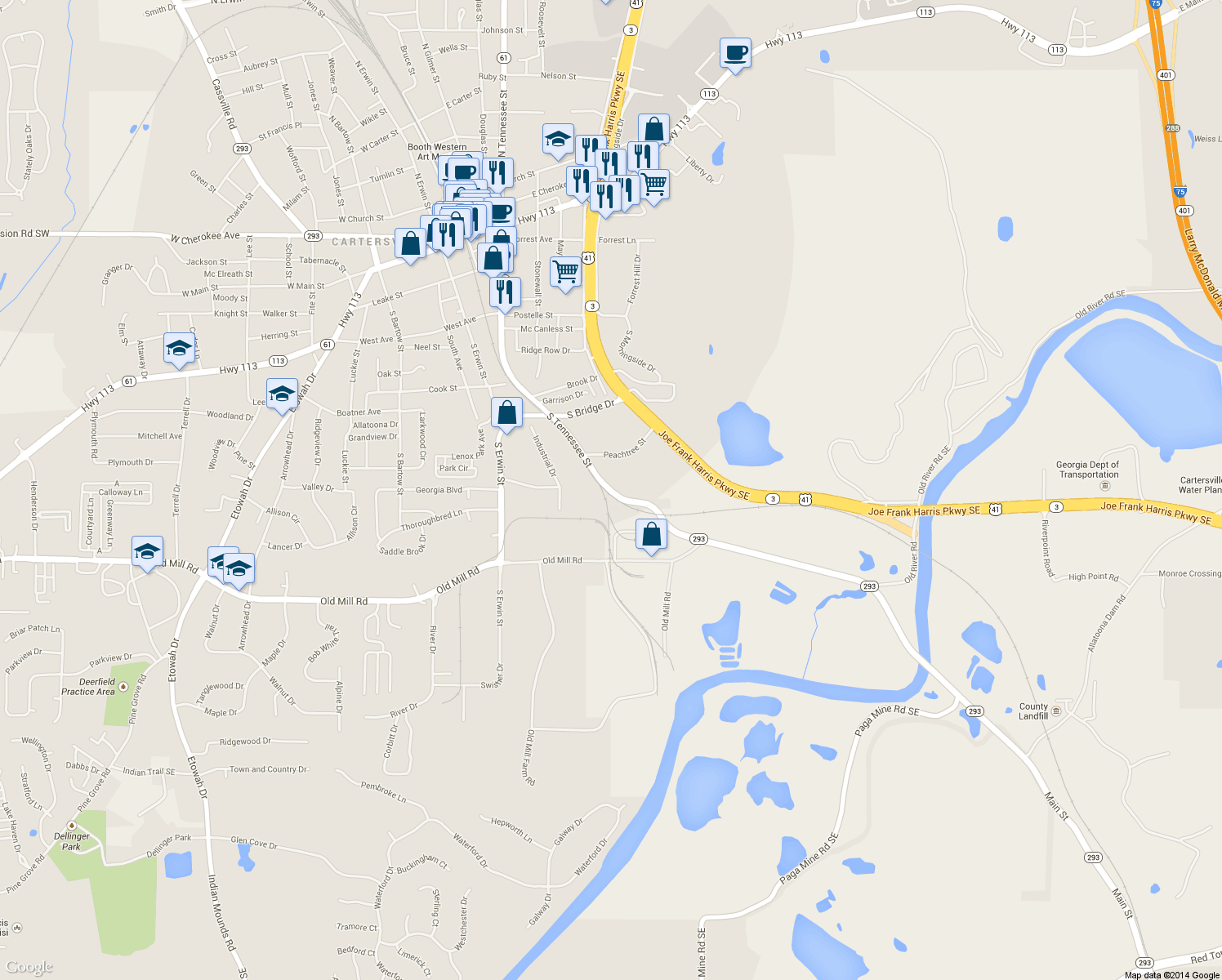 map of restaurants, bars, coffee shops, grocery stores, and more near 622 South Tennessee Street in Cartersville